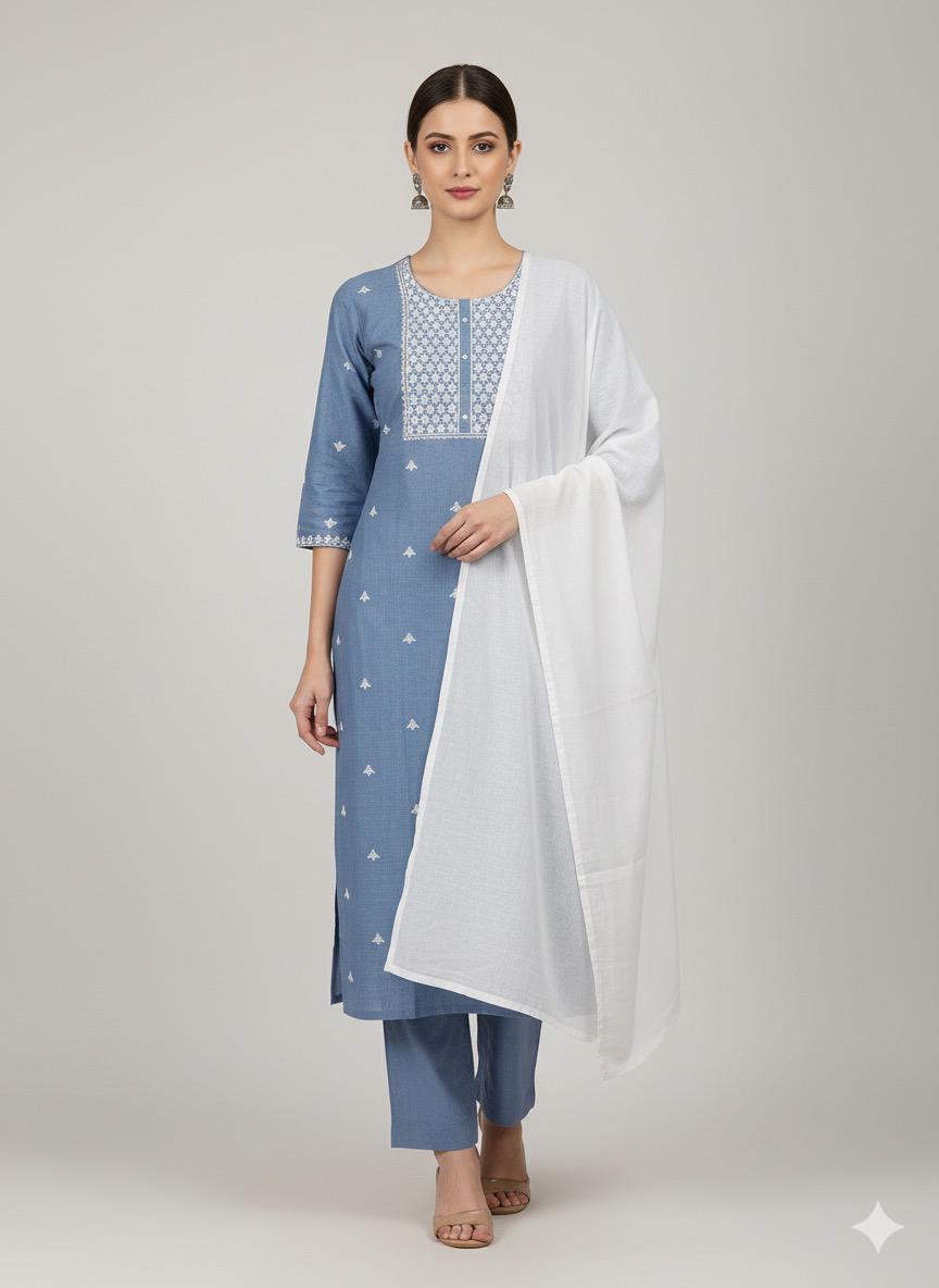 Shree Shanti Selection - Women's Blue White Straight Cut Suit